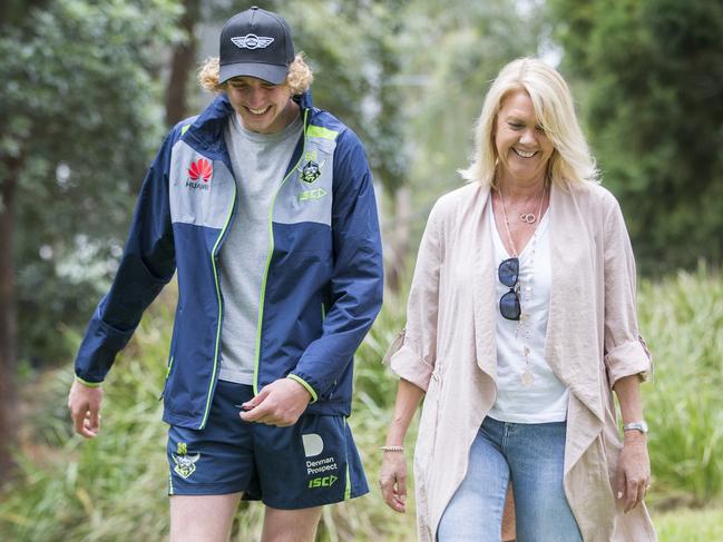 Kaylie Stuart with son Jed at Sydney Olympic Park ahead of the NRL Grand Final against Sydney Roosters tonight. Picture: Dylan Robinson