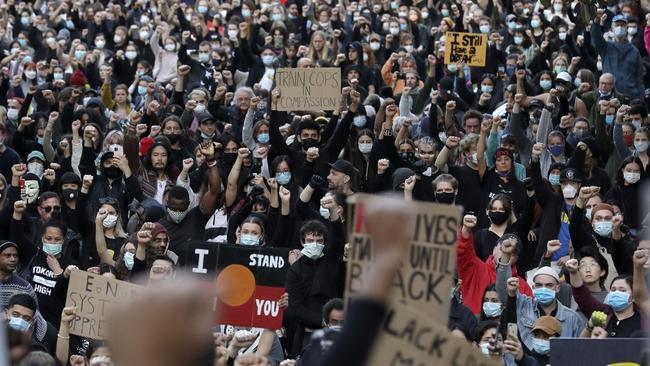 Protesters gather in Sydney on Saturday during the Black Lives Matter protest. Picture: AP