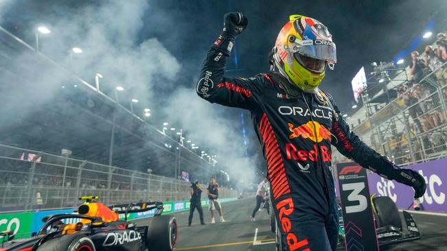 Sergio Perez celebrates after winning the Saudi Arabia Grand Prix. Picture: AFP