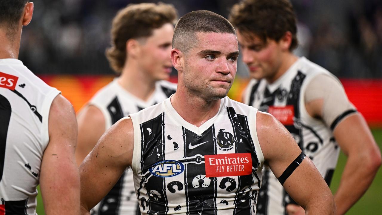 Collingwood’s Lachie Sullivan copped a harsh time wasting penalty. (Photo by Daniel Carson/AFL Photos via Getty Images)