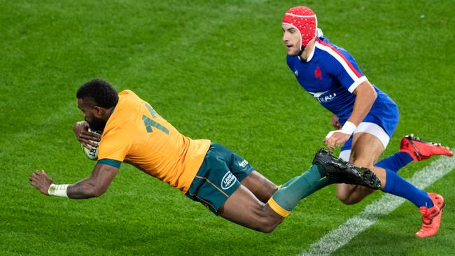 Marika Koroibete scored a try for the Wallabies which was later disallowed. Picture: Getty Images for Rugby Australia