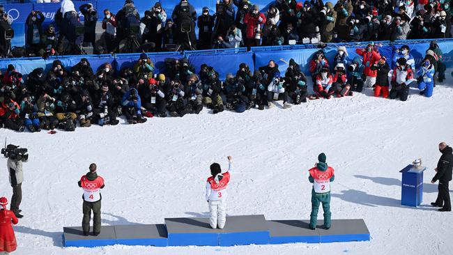 Gold medallist Ayumu Hirano of Team Japan, Silver medallist Scotty James of Team Australia (R) and Bronze medallist Jan Scherrer of Team Switzerland (L).