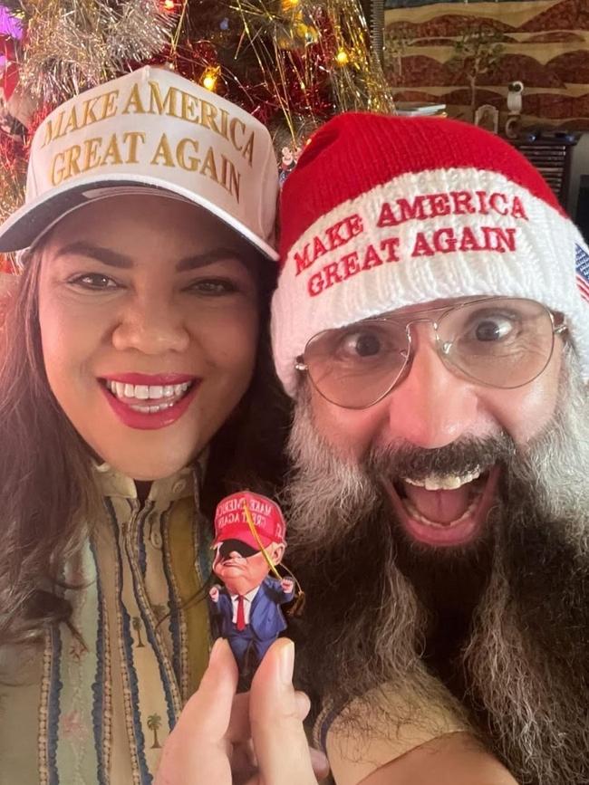 Senator Jacinta Nampijina Price and husband Colin Lillie wearing MAGA hats on Christmas Day. Picture: Facebook