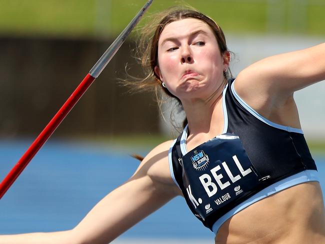 SYDNEY, AUSTRALIA - DECEMBER 12: Karina Bell of Meriden School competes in the Girls Javelin Throw 500g 16 Years during 2021 NSW All Schools Championships at Sydney Olympic Park Athletics Centre (SOPAC), on December 12, 2021, in Sydney, Australia. (Photo by Jeremy Ng/News Corp Australia)