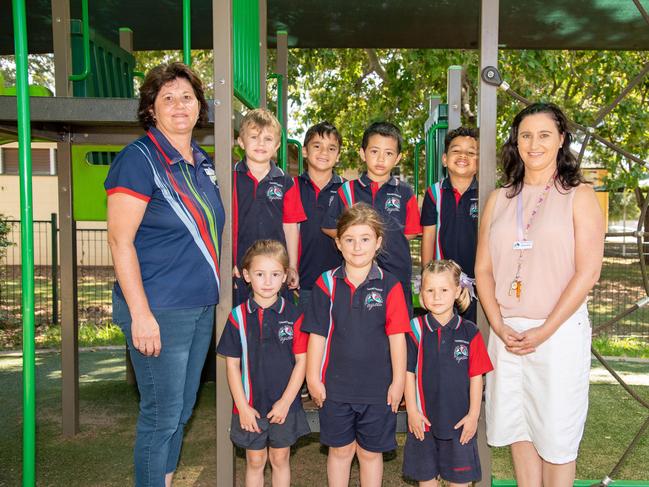 My First Year 2023: Harristown State School Prep Dolphins with teacher aide Tanya Cawkwell (left) and Melissa Spence, March 2023. Picture: Bev Lacey