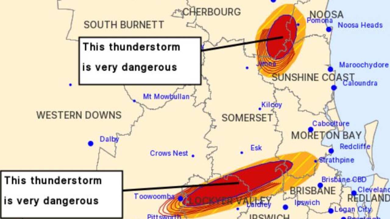 At 9.45am, the Bureau of Meteorology issued a warning for “very dangerous” thunderstorms in the Gympie, Somerset, Toowoomba, Lockyer Valley, Sunshine Coast, Noosa, Brisbane City and Moreton Bay council areas.