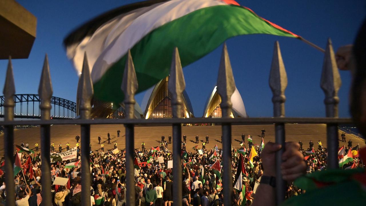 A man waving an Israeli flag was arrested at the protest. Picture: NCA NewsWire / Jeremy Piper