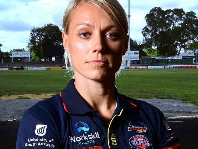 Erin Phillips poses for a photo in the tunnel at Coopers Stadium after the State Government announced its continued funding of the Adelaide Crows AFLW team at the Parade Oval Monday,December,3,2018.(Image AAP/Mark Brake)