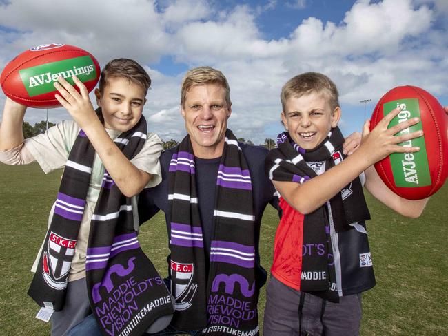 Nick Riewoldt meets L to R  Daniel Milani, 10, with Severe Aplastic Anaemia (the same condition Maddie had) and Joel Waddington, 11, with Severe Aplastic Anaemia, ahead of the annual Maddie's Match - which honours his sister who died of the same condition, while raising funds to help suffers. Picture: Tim Carrafa