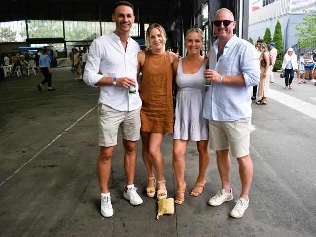 Ross Archibald, Kaitlyn McLean, Holly McQualter and Aaron Henwood enjoying all the action at the Ladbrokes Cranbourne Cup on Saturday, November 23, 2024. Picture: Jack Colantuono