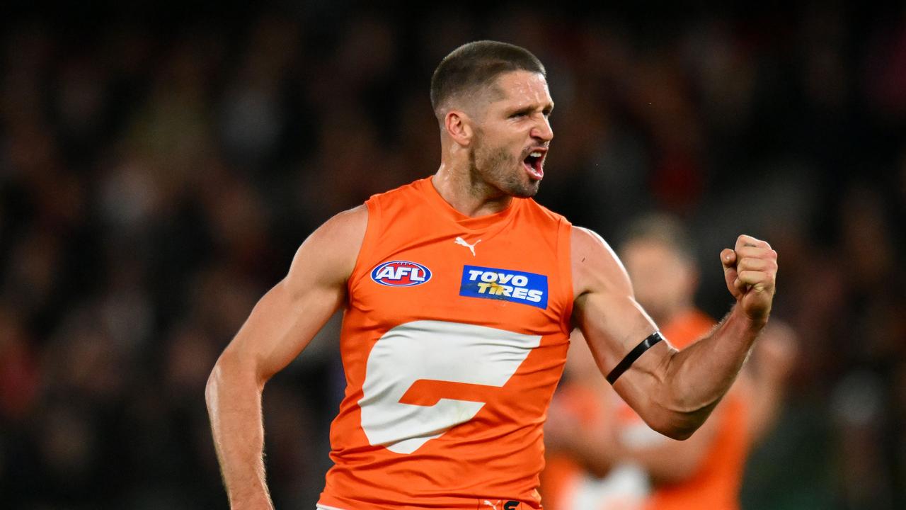 Jesse Hogan of the Giants celebrates a goal. Photo by Morgan Hancock/AFL Photos/via Getty Images.