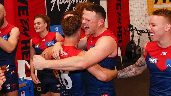 Jake Melksham (left) and Steven May were friends again after round 22. Picture: AFL Photos