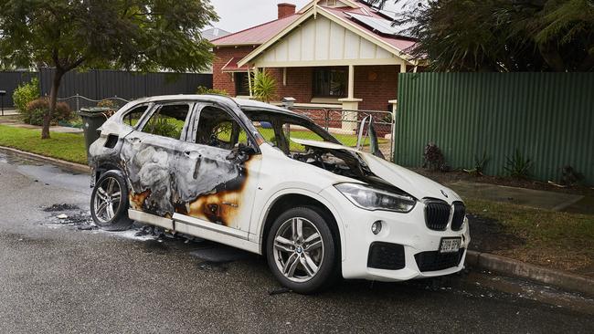 The remains of a BMW stolen from Unley and found in Woodville West. Picture: Matt Loxton