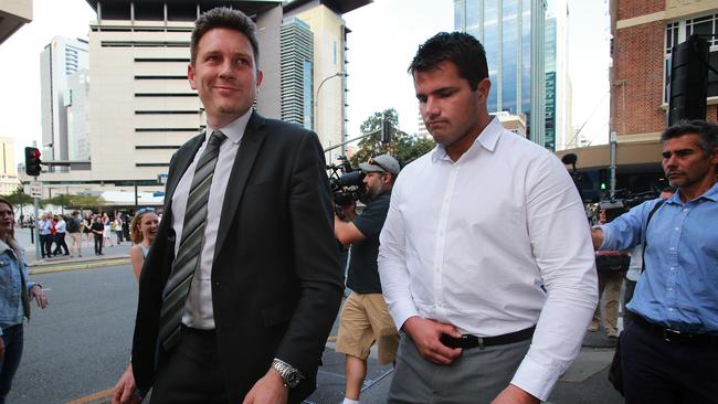 Gable Tostee leaves Brisbane Supreme Court with his lawyer Nick Dore after the jury handed down a not-guilty verdict. Photo: Claudia Baxter