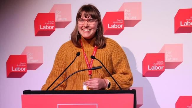 Australian Young Labor vice president Eloise Atterton speaking at the party's 2022 state conference. Picture: Supplied