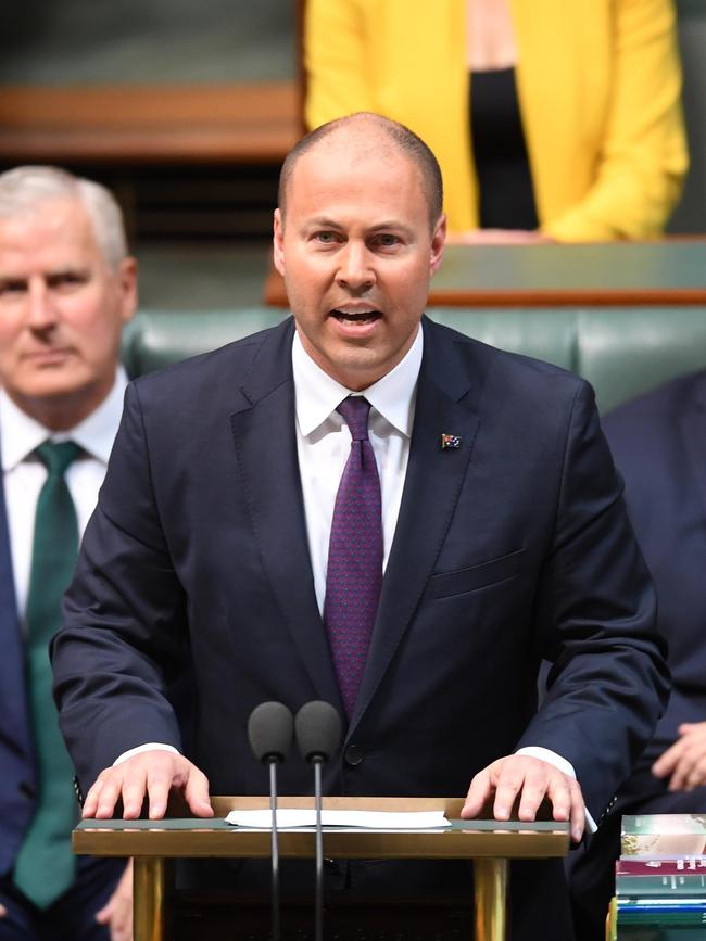 Treasurer Josh Frydenberg handing down his first Federal Budget in the House of Representatives at Parliament House in Canberra. Picture: Lukas Coch