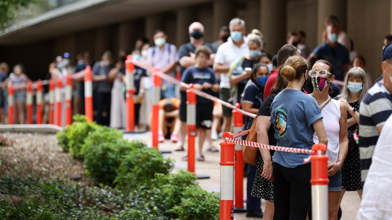 People lining up for Covid-19 vaccinations at the Brisbane Convention and Exhibition Centre at South Brisbane. Picture: Tara Croser