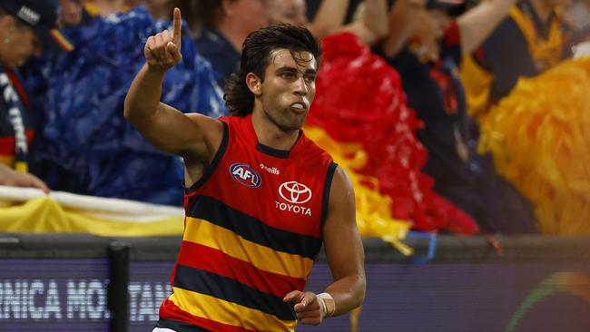 MELBOURNE, AUSTRALIA - APRIL 10: Josh Rachele of the Crows celebrates kicking a goal during the round four AFL match between the Essendon Bombers and the Adelaide Crows at Marvel Stadium on April 10, 2022 in Melbourne, Australia. (Photo by Daniel Pockett/Getty Images)