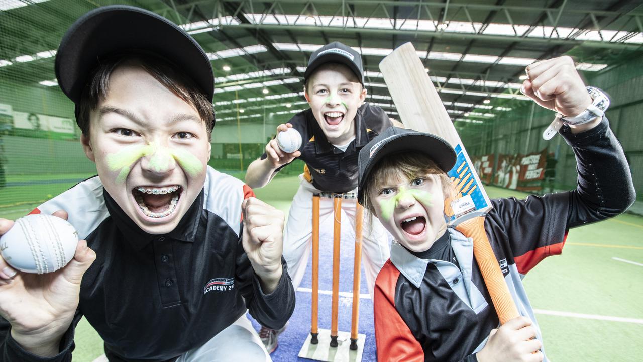 Pictured at the High Performance Cricket Tasmania Centre in the pre-Covid season of 2019 are Kaiki Massom, Luke McCallum and Elsie Miller. Picture: Luke Bowden