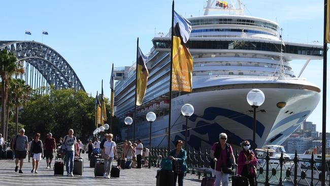 Cruise ship passengers disembark from the Princess Cruises owned Ruby Princess at Circular Quay. Picture: AAP