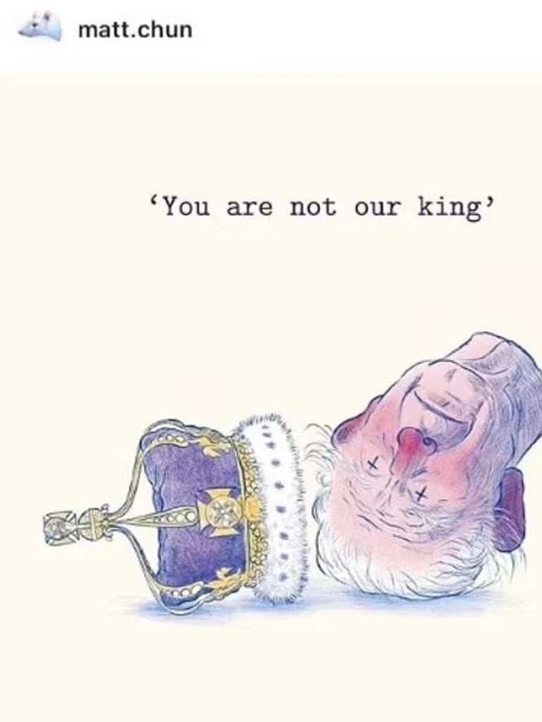 The original social media post by cartoonist Matt Chun depicted a decapitated King Charles. The post was later deleted.