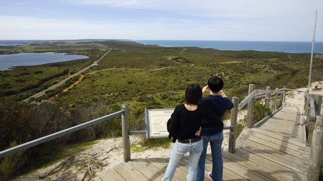 Tourists at the Prospect Hill (Mt Thisby) lookout on Kangaroo Island. Picture: Andrew Watson / Getty Images