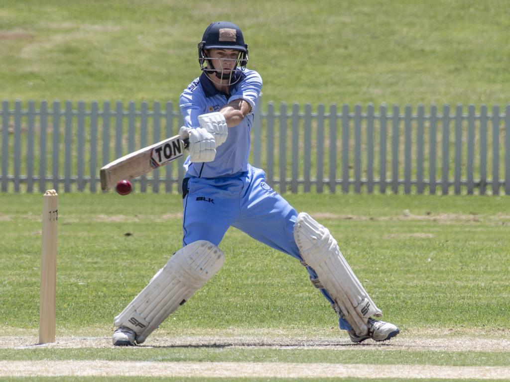 Harrison Tzannes bats for Toowoomba. Mitchell Shield, Toowoomba vs Lockyer. Sunday, January 23, 2022. Picture: Nev Madsen.