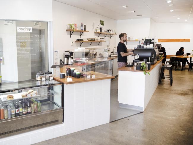 Audrey Coffee’s light-filled minimal fit-out which features crisp white walls and lots of blonde wood, has a cozy Scandi-vibe. Picture: CHRIS KIDD