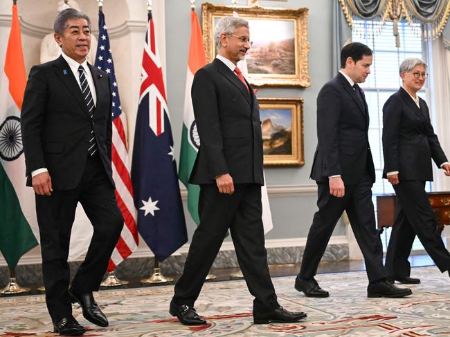 US Secretary of State Marco Rubio (2R) walks with Indo-Pacific Quad ministers, L-R, Japanese Foreign Minister Iwaya Takeshi, Indian Foreign Minister Subrahmanyam Jaishankar and Australian Foreign Minister Penny Wong, as they depart a photo opportunity before meetings at the State Department in Washington, DC, on January 21, 2025. (Photo by ANDREW CABALLERO-REYNOLDS / AFP)