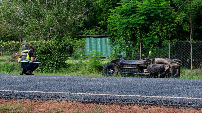 Major Crash Investigation officers at the scene where a Honda ATV buggy crashed on Bees Creek Rd this morning. Picture: Che Chorley