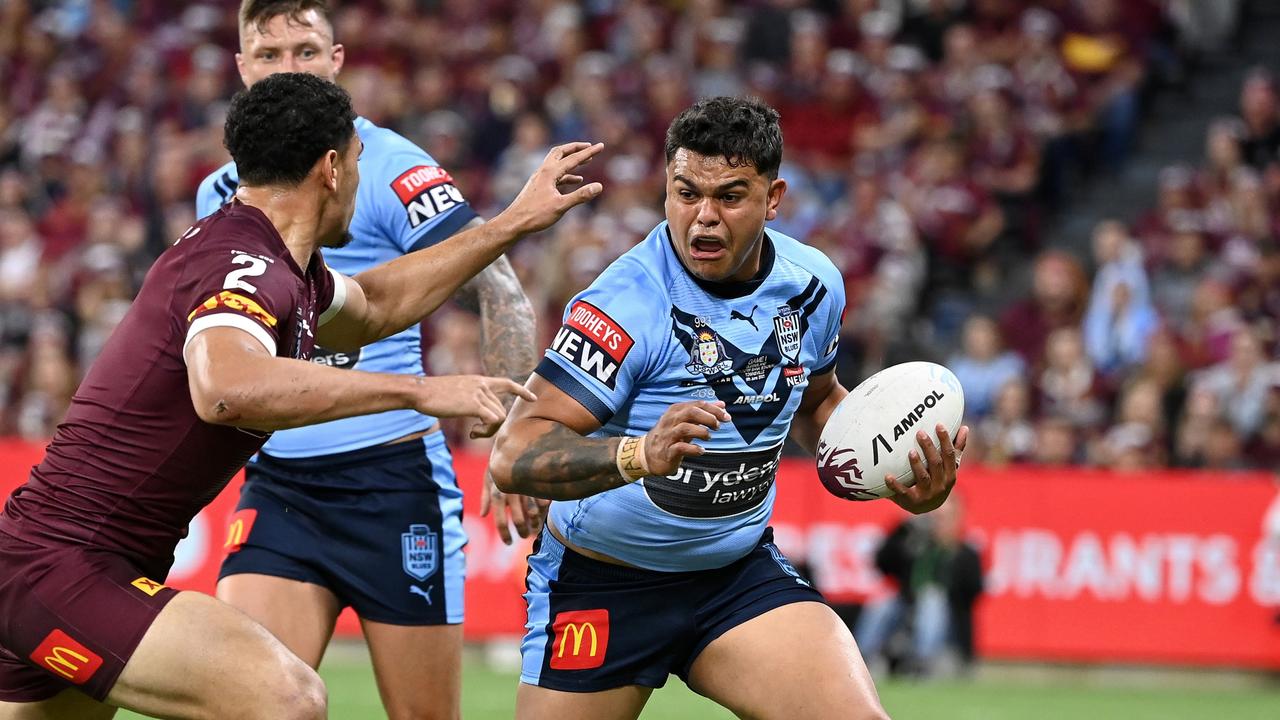 Latrell Mitchell on the charge for the Blues against Queensland. Picture: Grant Trouville/NRL Photos