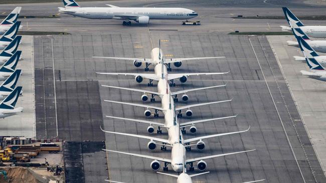 Idle planes sit on Hong Kong's Chek Lap Kok International Airport. Picture: AFP