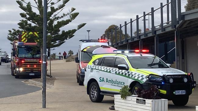 Emergency services at Port Noarlunga beach after a man was attacked by a shark near the jetty. Picture: Jeff Anderson/First on Scene Media
