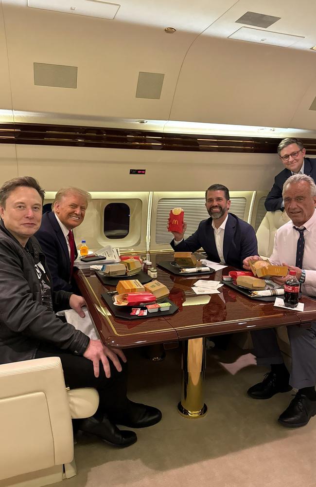 Donald Trump, Elon Musk, Donald Trump Jr, Robert F Kennedy Jr, seen onboard the Trump private plane, eating McDonalds. “Elon won’t go home,” Trump has joked. “I can’t get rid of him.” Picture: https://x.com/DonaldJTrumpJr