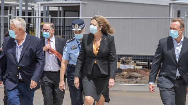 John Wagner with Annastacia Palaszczuk and Steven Miles visiting the Wellcamp quarantine hub in February 2022. Picture: Nev Madsen.