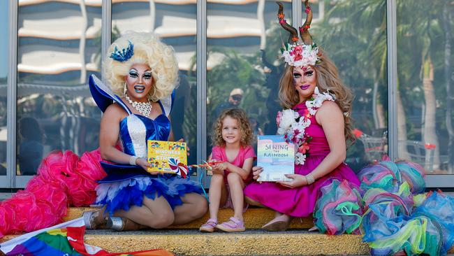 Ferocia Coutura , Lily Walford 4 and Vogue MegaQueen as The City of Palmerston Library and Drag Territory bring you Storytime with a twist! Young and old are invited to wear their sparkly, shimmery, glittery best and join local Top End Queens as the read age appropriate stories and songs for Drag Queen Storytime. Pic Glenn Campbell