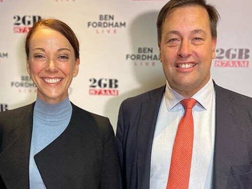 Sophie Scamps with Jason Falinski, a former Liberal MP for Mackellar, after a debate on 2GB’s Ben Fordham show in 2022. Picture: 2GB