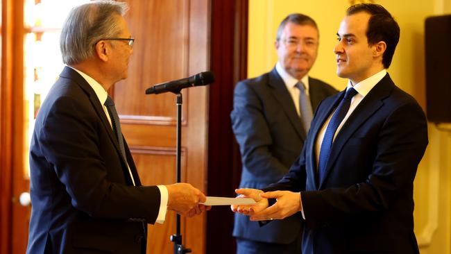 South Australian Governor Hieu Van Le with Vincent Tarzia, who was sworn in as South Australia’s new Transport Minister. Picture: NCA NewsWire / Kelly Barnes