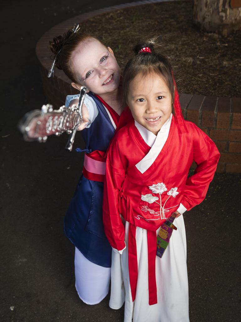 Amie Sheather (left) and Chenxi Ye as Mulan for Book Week at Rangeville State School, Friday, August 25, 2023. Picture: Kevin Farmer