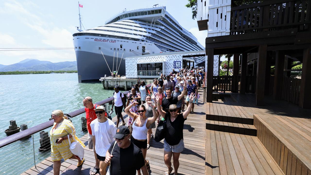 Virgin Voyages' new cruise ship, the Resilient Lady, docked in Cairns for the first time in December. Picture: Brendan Radke