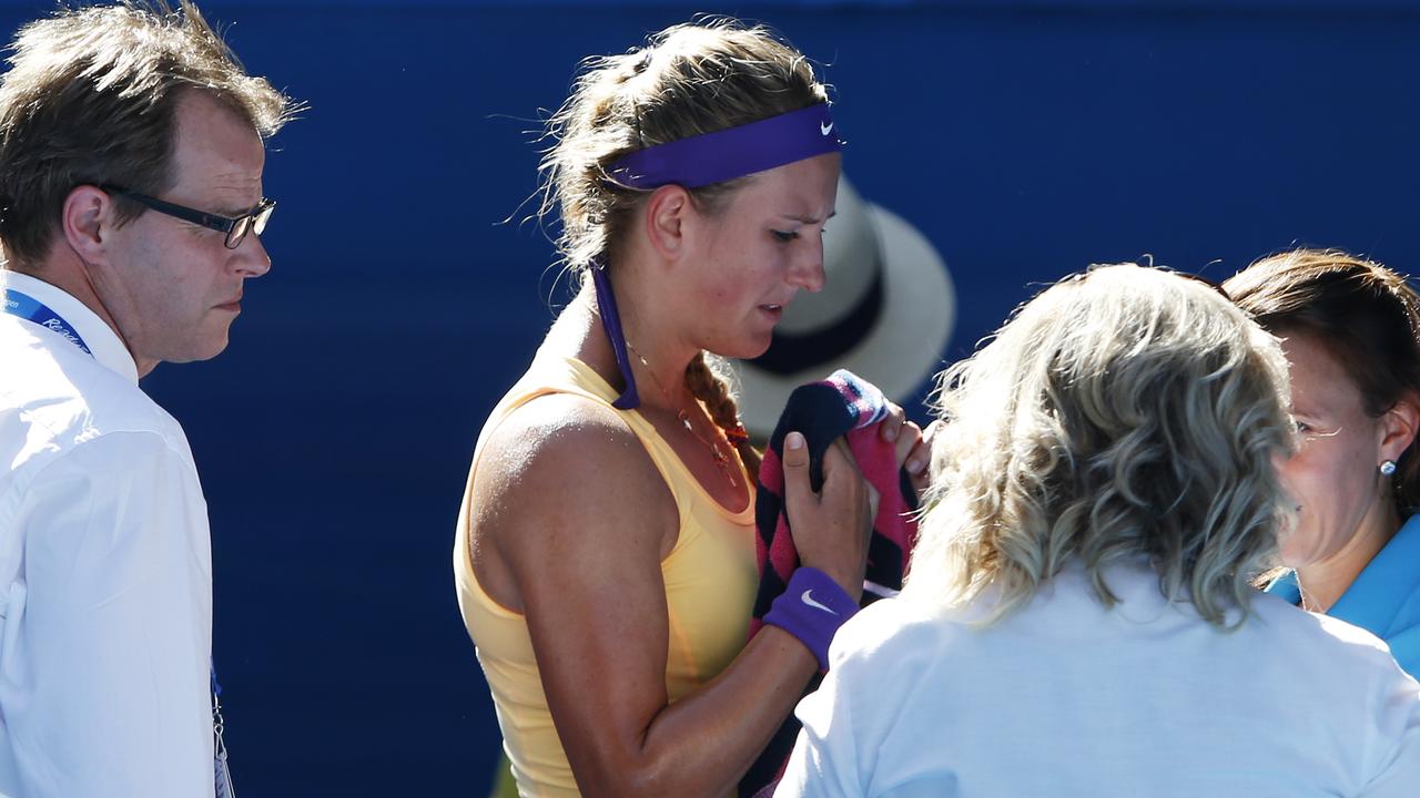 Azarenka was then helped from the court. Picture: AAP Images