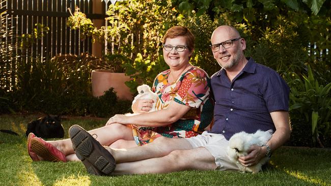 Cheryl and Daniel Cooper with their pets in the garden of their West Croydon home. Picture: Matt Loxton