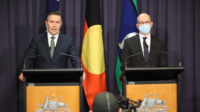 The Minister for Health and Aged Care Mark Butler with the Chief Medical Officer Paul Kelly. Picture: NCA NewsWire / Gary Ramage