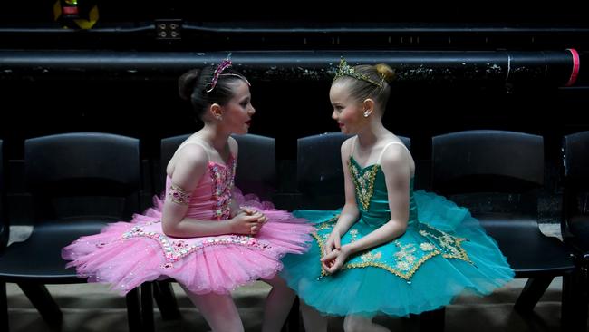 Townsville Eisteddfod. Age 9. Classical Solo. Jessica Reeve and Sophie Ball wait in the wings. Picture: Evan Morgan