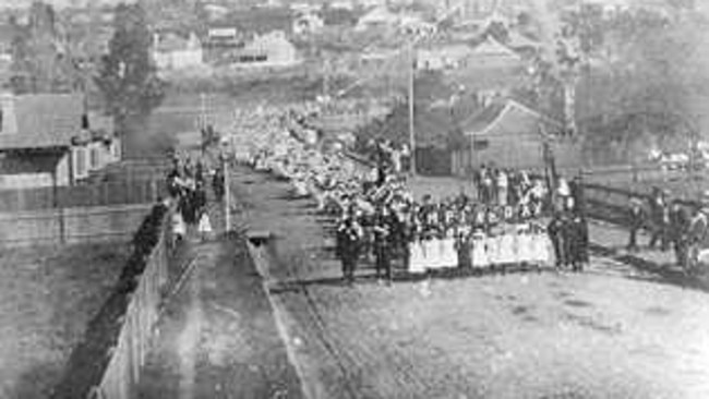 Photograph of an Empire Day procession along Canterbury Road after crossing Prouts Bridge. Photo taken 1907. Picture: Supplied