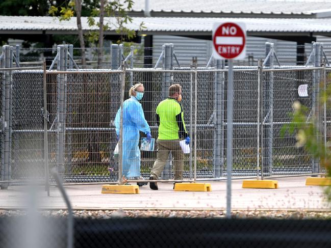 Workers at the Howard Springs Quarantine facility. The first group of evacuees have completed fourteen days of quarantine at the Howard Springs site. They will make their way to Darwin International Airport for flights home.Picture: Che Chorley