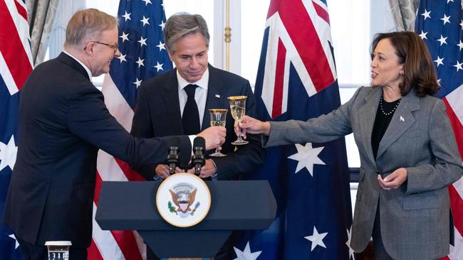 Australian Prime Minister Anthony Albanese toasts with US Vice President Kamala Harris and Secretary of State Antony Blinken. Picture: AFP