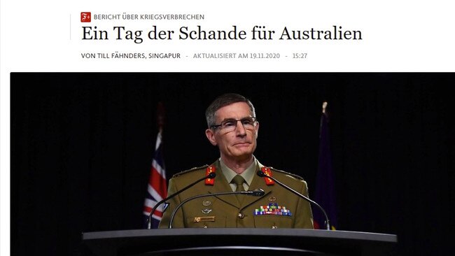 German publication Frankfurt Allgemeine Zeitung reported the inquiry into Australian Special Forces under the headline "A day of shame for Australia".