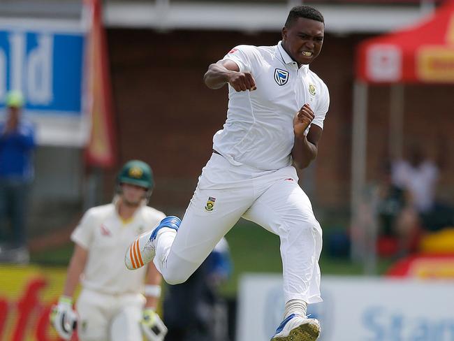 Lungi Ngidi celebrates taking the wicket of David Warner.