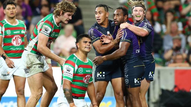 Latrell Mitchell laments a Storm try to Justin Olam at AAMI Park. Picture: Kelly Defina/Getty Images